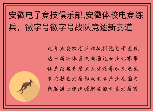 安徽电子竞技俱乐部,安徽体校电竞练兵，徽字号徽字号战队竞逐新赛道